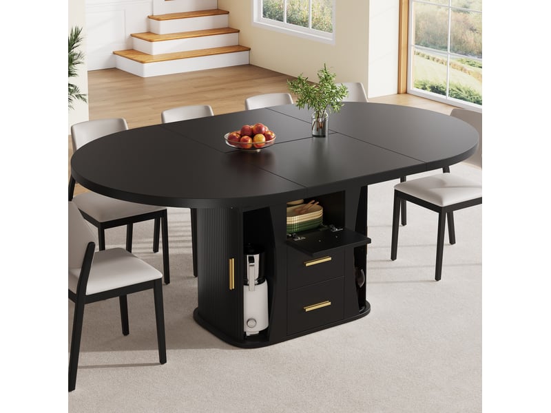  Table de salle à manger extensible avec rangement dissimulé et plateau coulissant, en mdf noir, 118 à 158 × 118 × 77 cm  - Conforama C