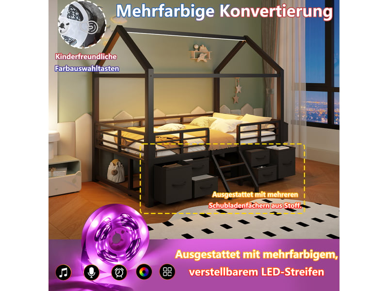 Lit cabane 90 x 200 cm noir avec toit de maison, éclairage led, lit enfant en métal avec plusieurs tiroirs en tissu  - Conforama D