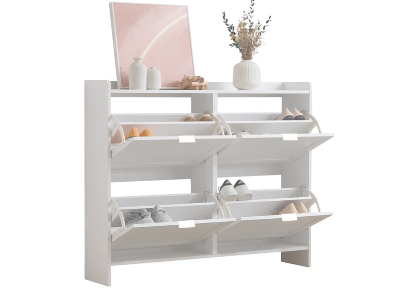  Meuble à chaussures 110x24x90 cm, meuble d'entrée, 4 portes, rangement chaussures, étagères ouvertes, aggloméré blanc  - Conforama A