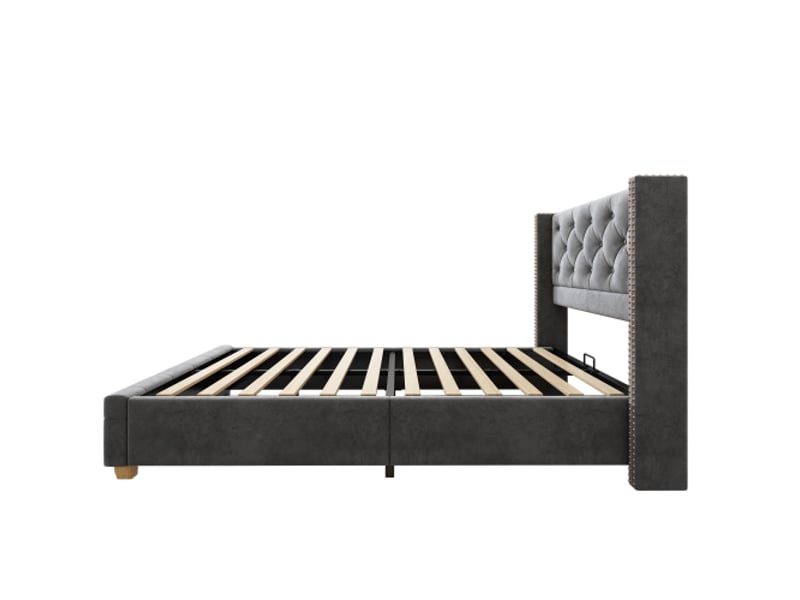  Lit enfant 90x200cm avec sommier à lattes et tête de lit, en velours, sans matelas, gris  - Conforama E