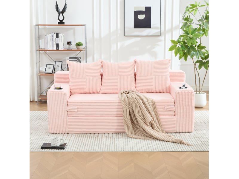 Canapé modulaire 3 places avec porte-gobelets et poches latérales, sans cadre en velours côtelé rose - Conforama D