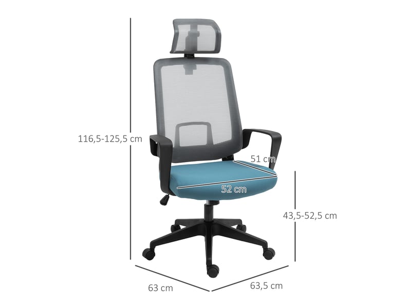  Chaise bureau ergonomique pivotante, hauteur réglable, lombaire, accoudoirs, appui-tête, maille, 63,5x63x116,5-125,5 cm, bleugris.  - Conforama D