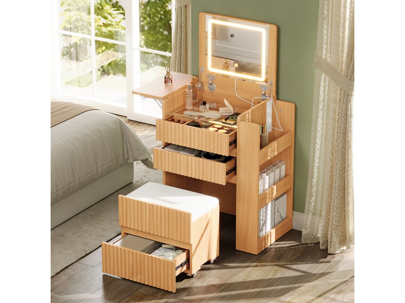  Petite coiffeuse avec miroir rabattable led, 2 prises, port usb &amp; type-c, tabouret à roulettes, 3 tiroirs et plateau de table d'appoint rabattable, N657P45525354N - Conforama C