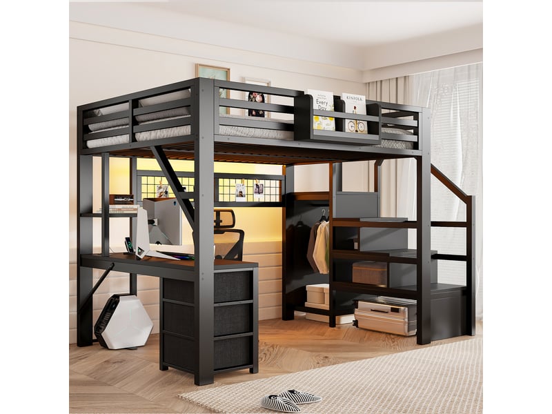 Lit mezzanine enfant 140x200 cm, bureau intégré avec station de charge, armoire, 3 tiroirs, étagère, panneau perforé, led, métal noir Radiant Stride - Conforama D