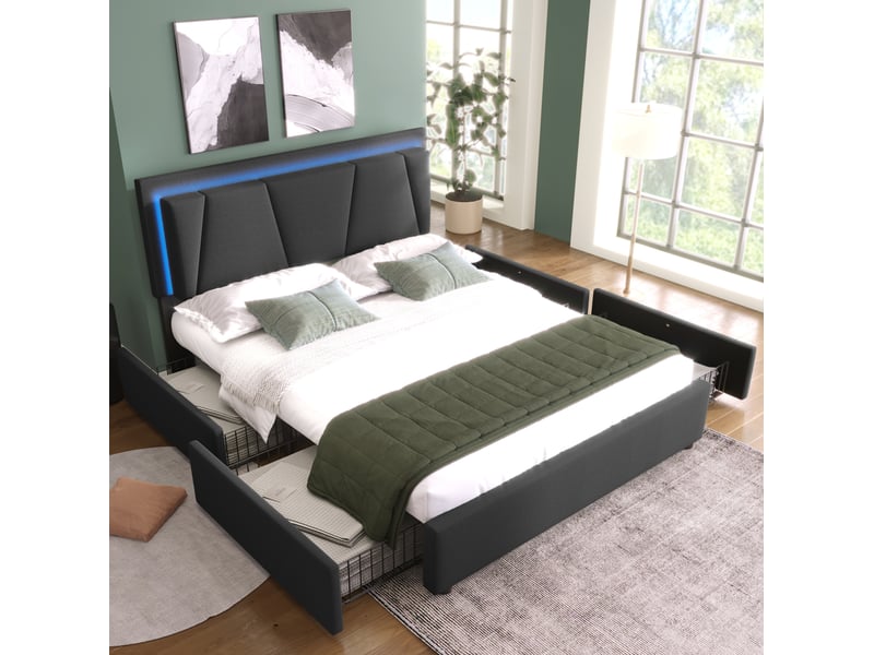  Lit coffre 2 places 160x200 cm, sans matelas, bois gris, tête de lit ajustable, sommier à lattes, 4 tiroirs, doté de led intégré  - Conforama D