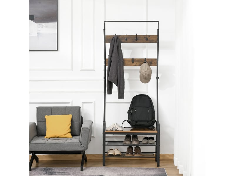  Étagère à vêtements et à chaussures, 8 crochets et 2 étagères, panneau mdf, noir, 72 x 34 x 185 cm  - Conforama D