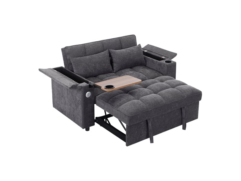 Canapé-lit convertible 2 places 140,5x74 cm, 3-en-1, dossier réglable 3 positions, usbusb-c, table cachée, porte-gobelets, rangement, tissu gris - Conforama A