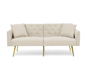 Canapé convertible 2 places avec dossier réglable - assise ergonomique, 2 coussins, pieds en métal - velours beige