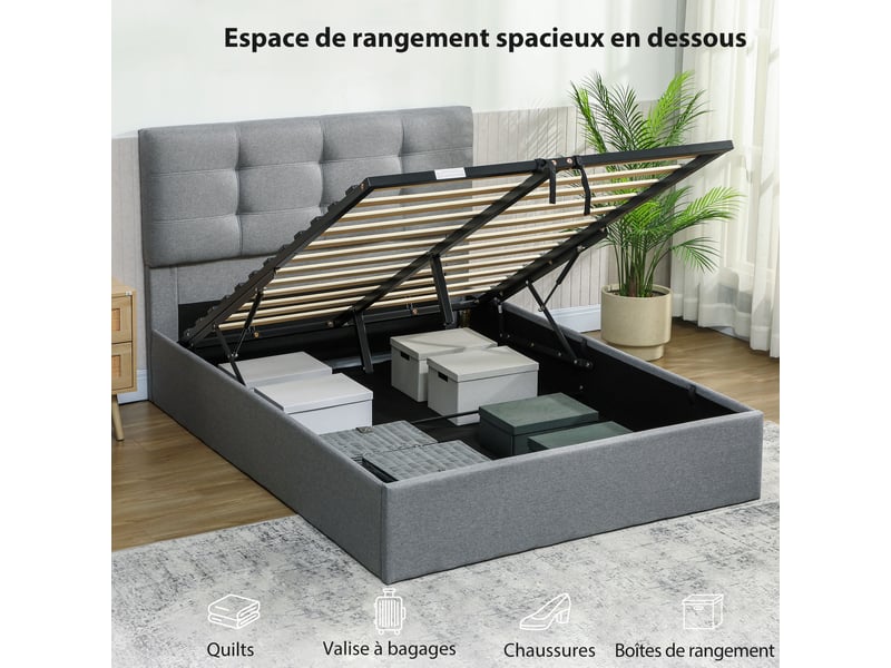 Lit coffre 140x190 capitonné gris avec tête de lit rembourrée et rangement sous sommier - Conforama R