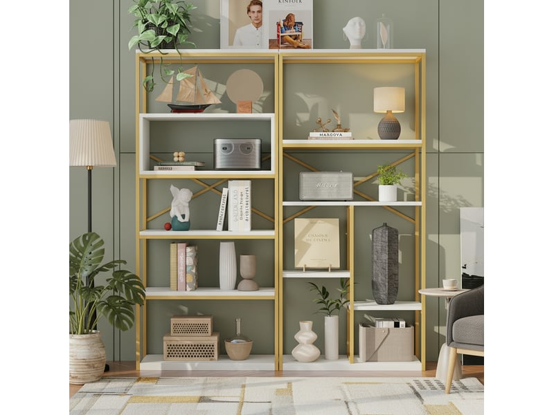 Bibliothèque 160 x 29,5 x 180 cm – blanc et doré – rangement ouvert, renfort arrière croisé - Conforama B
