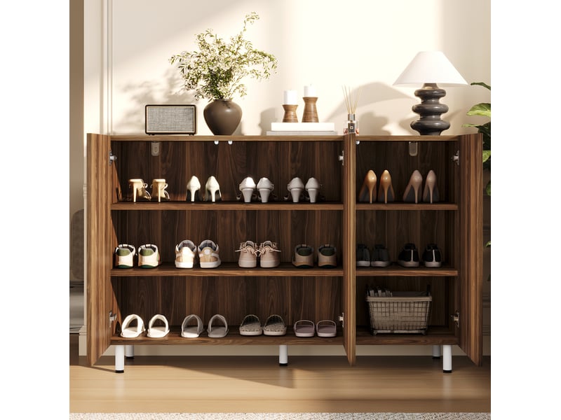  Meuble à chaussures avec 3 portes et étagères réglables, fermeture douce, pour entrée, noyer, 120 × 37 × 80 cm  - Conforama C