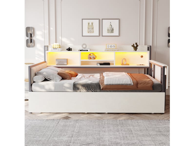 Lit enfant 90 x 200 cm tiroirs rangement led bandeau prise intégrée bureau escamotable dossier métal blanc sans matelas - Conforama D