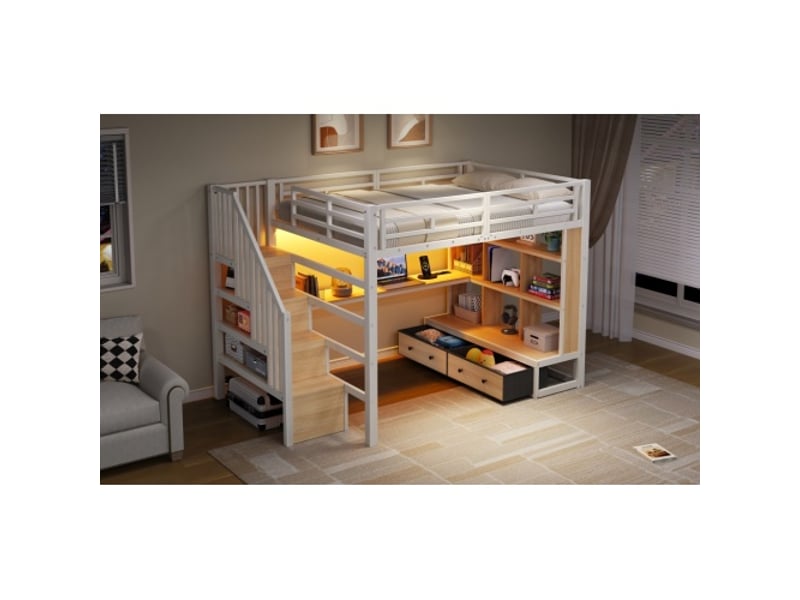 Lit mezzanine métallique 140x200 blanc - bureau intégré, étagères, 2 tiroirs, escaliers de rangement - Conforama E
