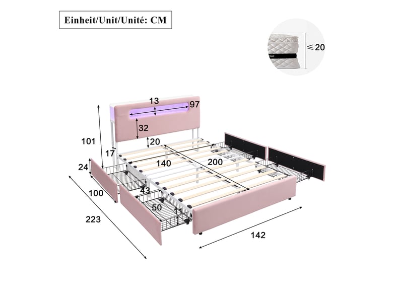 Lit enfant capitonné 140x200 cm avec 4 tiroirs et led contrôlée par application, velours rose, sans matelas - Conforama C