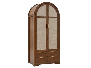 Armoire penderie 80x50x180 cm en mdf, 2 portes arrondies en cannage, tringle et tiroirs, rangement pour chambre et entrée - noyer