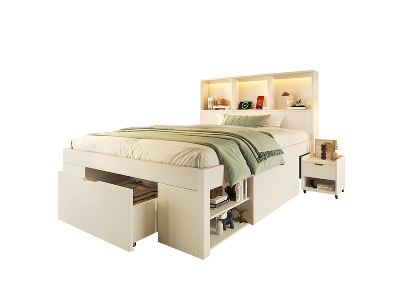Rayofi lit simple blanc 90x200 cm avec rangement et table de chevet amovible, éclairage led, ports usb-cusb, tiroirs intégrés, matelas non inclus - Conforama W