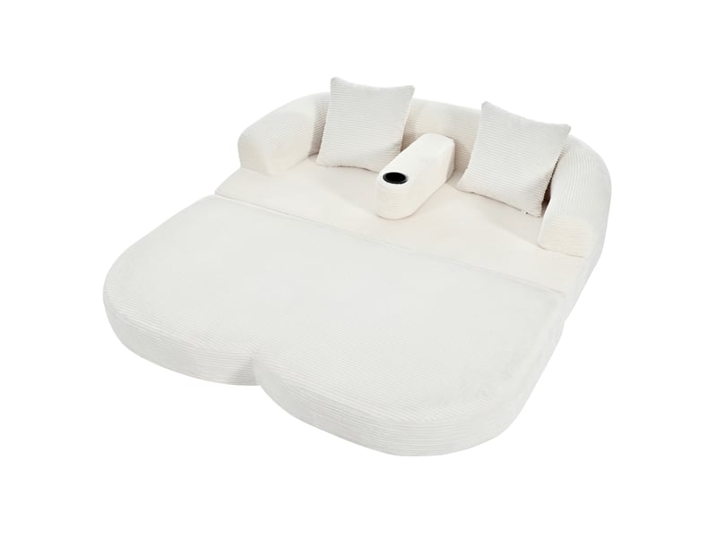 Canapé de sol pliable 2 places, 184x176x47 cm, canapé lounge 2-en-1 sans montage, accoudoir amovible avec porte-gobelet, velours côtelé beige clair - Conforama A