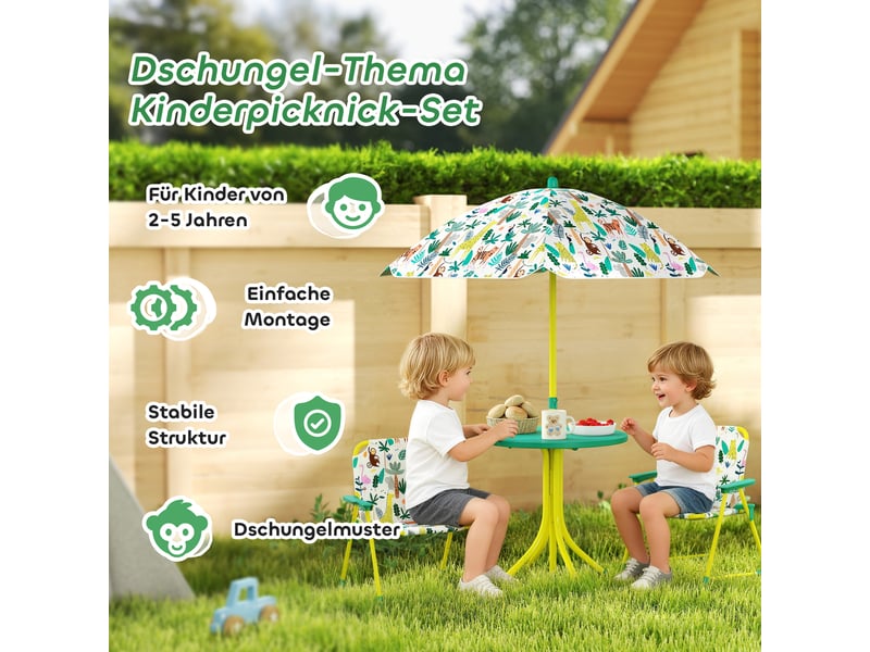  Ensemble de salon de jardin pour enfants, ensemble 4 pièces avec parasol amovible, table enfant et 2 chaises pliantes, vert  - Conforama E
