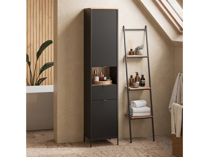  Vicco meuble salle de bain, noirchêne viking, 40x190cm avec des portes et un tiroir  - Conforama C