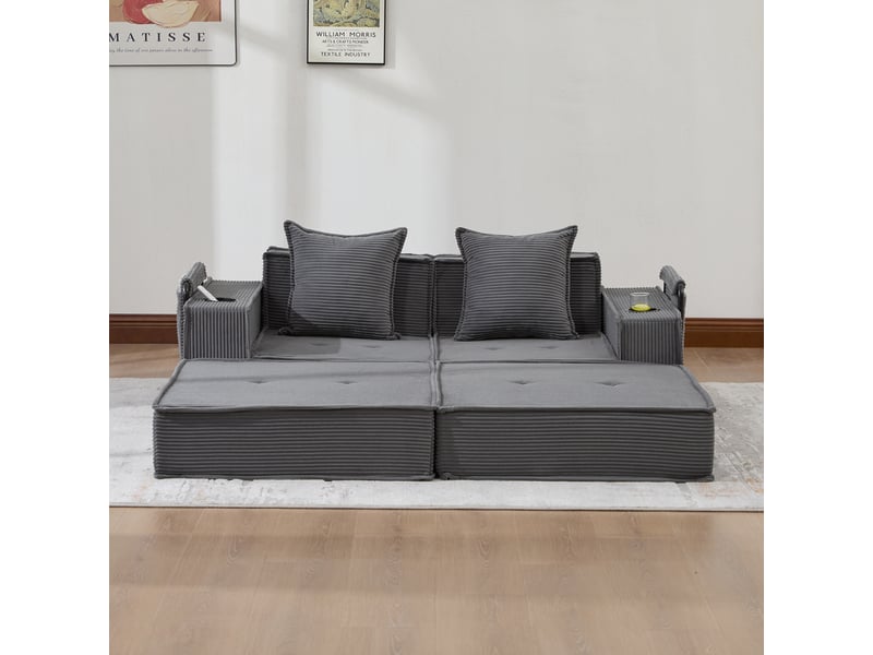  Canapé pouf 2 places 162×78×66 cm avec 2 coussins et poches de rangement  - velours côtelé gris foncé  - Conforama C
