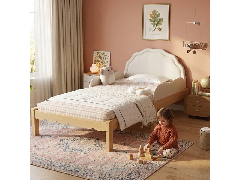  Lit enfant 90x200 cm avec tête de lit rembourrée en pu, barrières de sécurité latérales, sommier à lattes, beige OMNIGLINT TRADING LTD - Conforama D