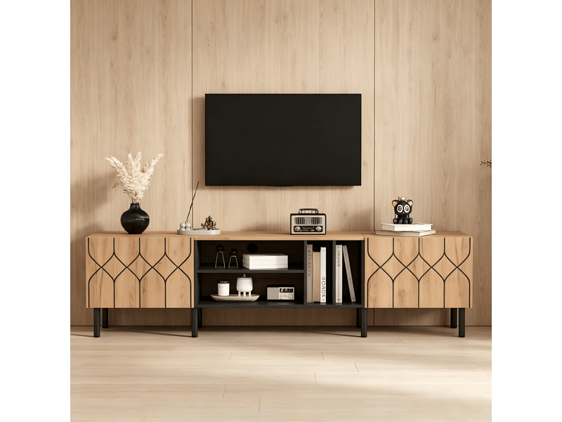  Meuble tv effet bois et noir avec portes à motifs géométriques  - Conforama B