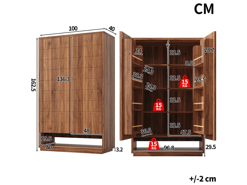 Buffet haut double porte 100x40x162,5 cm, 8 niveaux de rangement, ouverture pression, mdf métal brun foncé - Conforama C