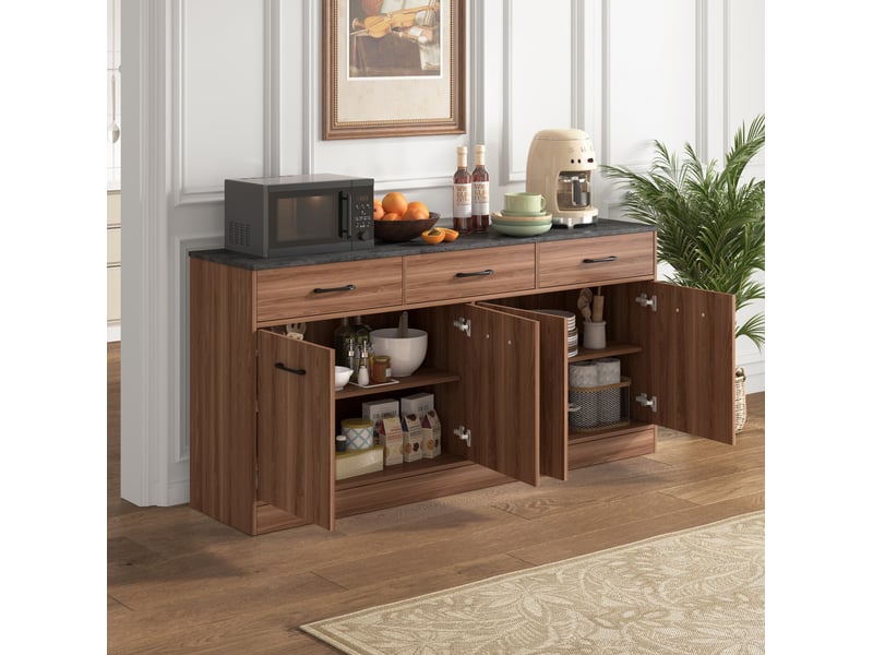  Buffet bas de cuisine en mdf effet noyer – 3 tiroirs et étagères réglables – 160 x 37 x 76,5 cm  - Conforama B