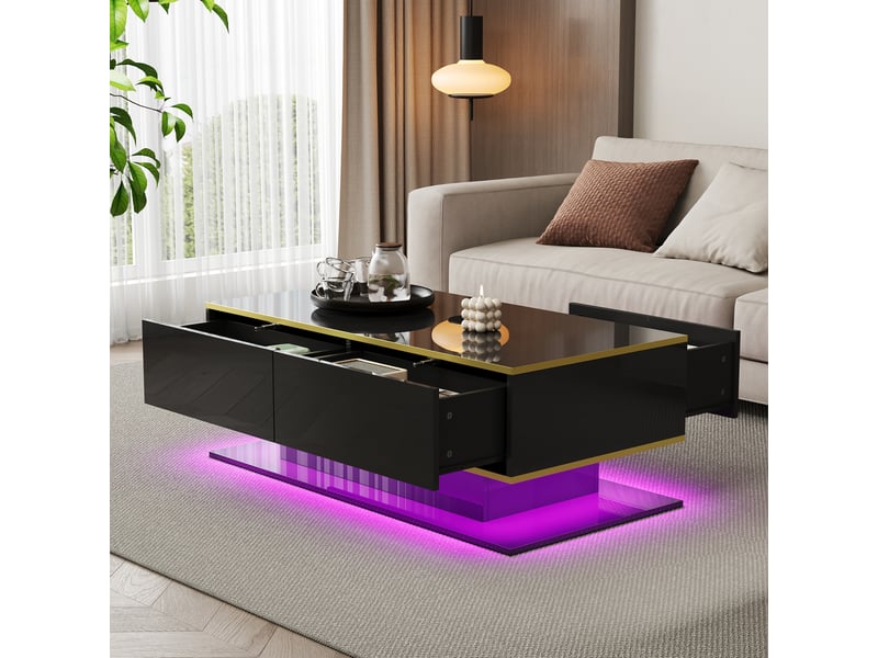  Table basse 100x50x40 cm avec éclairage led usb, 3 tiroirs et niche ouverte, panneaux de particules, noir et doré ABC - Conforama D