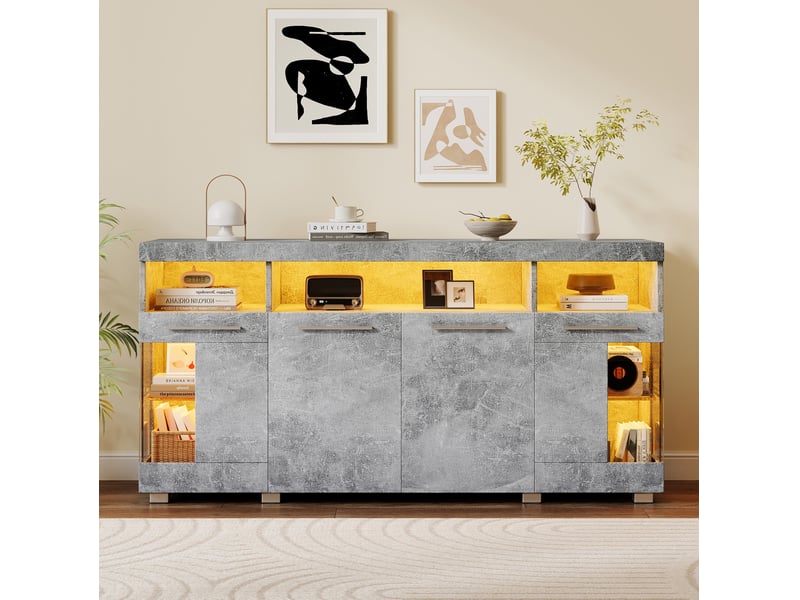  Buffet bas salon rangement led 3 compartiments 6 niveaux 140x40x70 cm façade brillante mdf+verre trempé ciment gris  - Conforama R