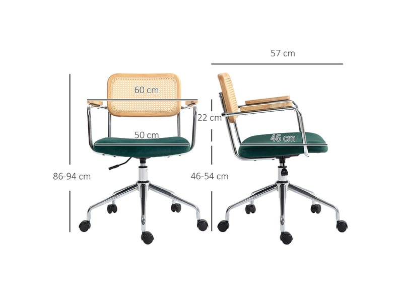  Chaise de bureau, style bohème, accoudoirs en bois, pivotante, réglable, supporte jusqu'à 120 kg, acier, verte  - Conforama E