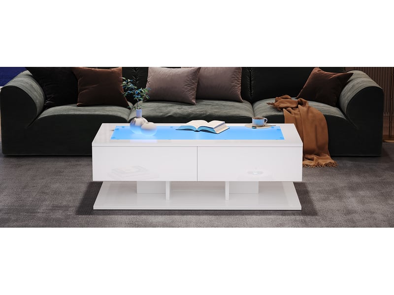 Table basse 100x50 cm en laque blanche brillante avec tiroirs, led et plateau en verre  - Conforama E