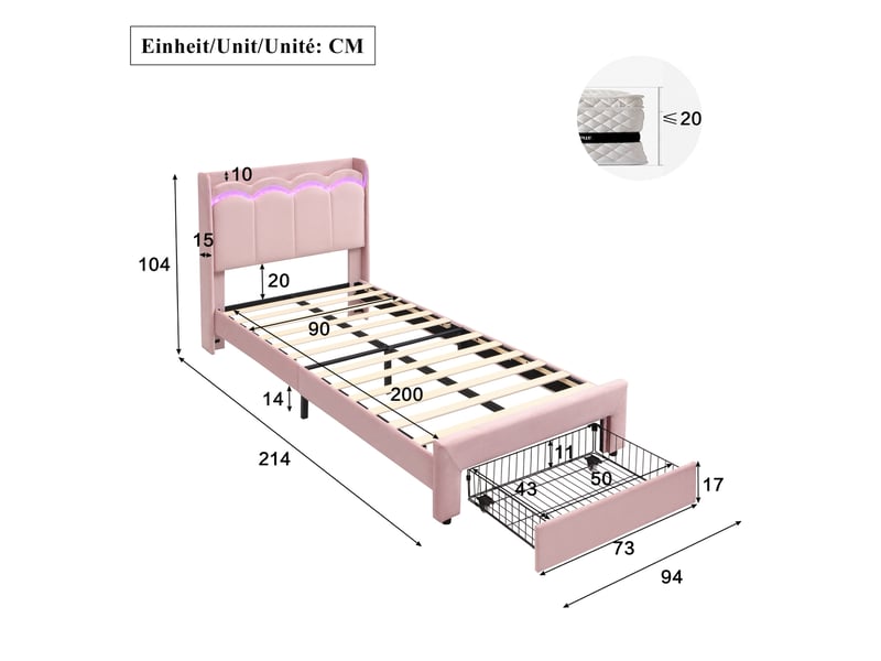  Lit enfant rembourré modenvie 90 x 200 cm rose avec tiroir, tête de lit ondulée, rangement et éclairage led connecté  - Conforama C