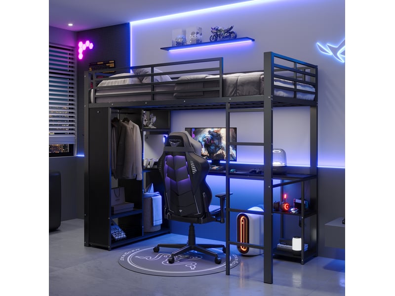 Lit mezzanine 90 × 200 cm avec bureau, étagères, armoire ouverte, led et prises usb pour chambre enfant noir - Conforama D