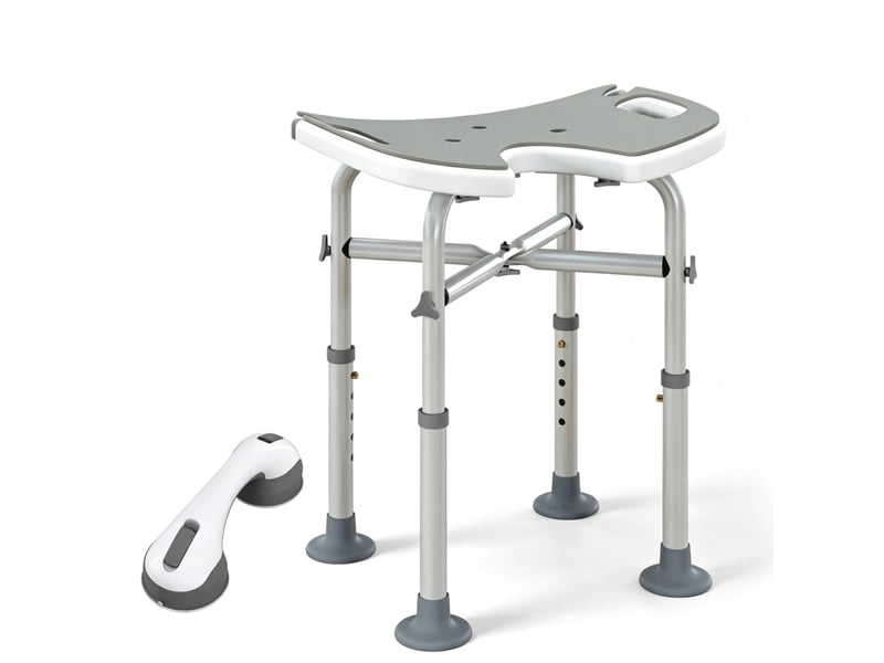 Tabouret de douche réglable 48,5 x 33 cm gris, aluminium avec barre d'appui à ventouse et siège en u  - Conforama E