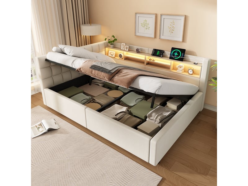  Lit coffre hydraulique 140x200 cm avec led dimmable, étagères, usb et tête réversible, tissu lin beige, sans matelas  - Conforama B