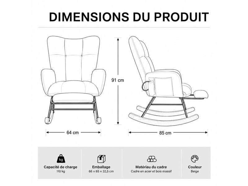  Chaise à bascule ergonomique en tissu chenille gris clair avec repose‑pieds rétractable, poche de rangement, structure métal et bois massif, charge 120 kg  - Conforama C