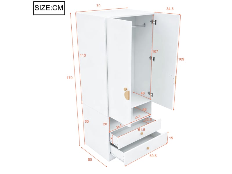  Armoire modenvie 2 portes avec 2 tiroirs et niches de rangement 70 x 50 x 170 cm blanc  - Conforama C