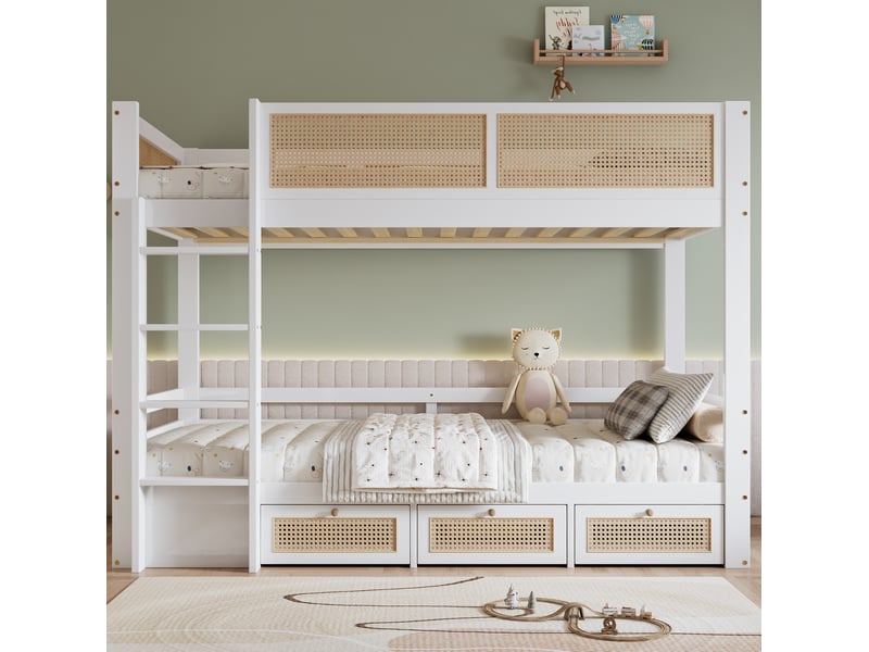 Lit superposé enfant blanc et naturel 90 x 200 cm avec 3 tiroirs à roulettes - Conforama B