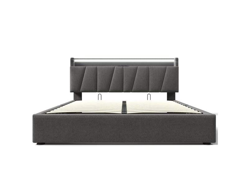 Lit coffre 160x200cm avec tête de lit de rangement, éclairage led, port de charge usb, sans matelas, lin, gris - Conforama D