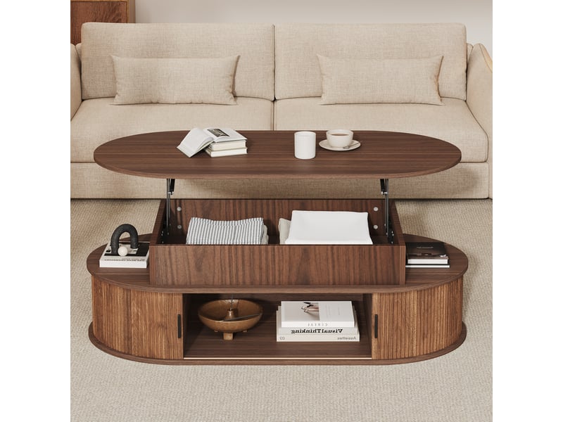  Table basse ovale relevable 100x50x40 cm avec rangement, mdf, finition noyer  - Conforama D