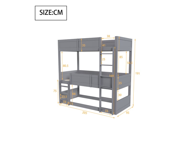  Lit superposé 90x200 cm convertible en couchage individuel et superposé bas en bois gris  - Conforama E