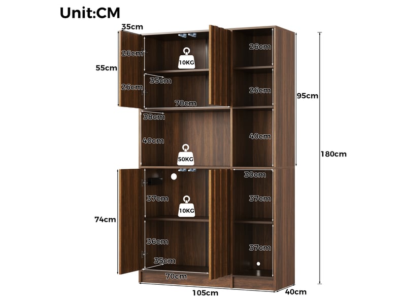  Buffet de cuisine 105x40x180 cm avec rangement, éclairage led rgb et prises intégrées, meuble de cuisine avec portes et étagères ouvertes en mdf - noyer OMNIGLINT TRADING LTD - Conforama C
