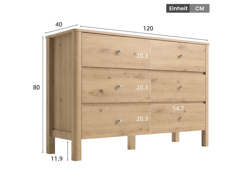  Commode moderne avec 6 tiroirs sur rails métalliques pour chambre, séjour ou entrée, chêne, 120 × 40 × 80 cm  - Conforama E