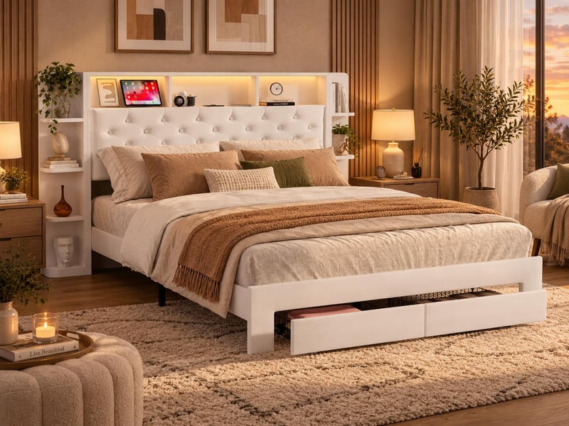  Lit 2 places 160x200 cm - tiroirs de rangement et led - usb - lit 2 places velours - tête de lit avec rangement ouvert  - Conforama B