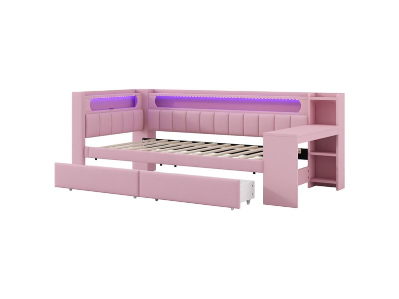 Lit enfant 90x200, ports usb lit combine enfant, led multicolore, bureau intégré, 2 tiroirs rangement, structure bois - Conforama E