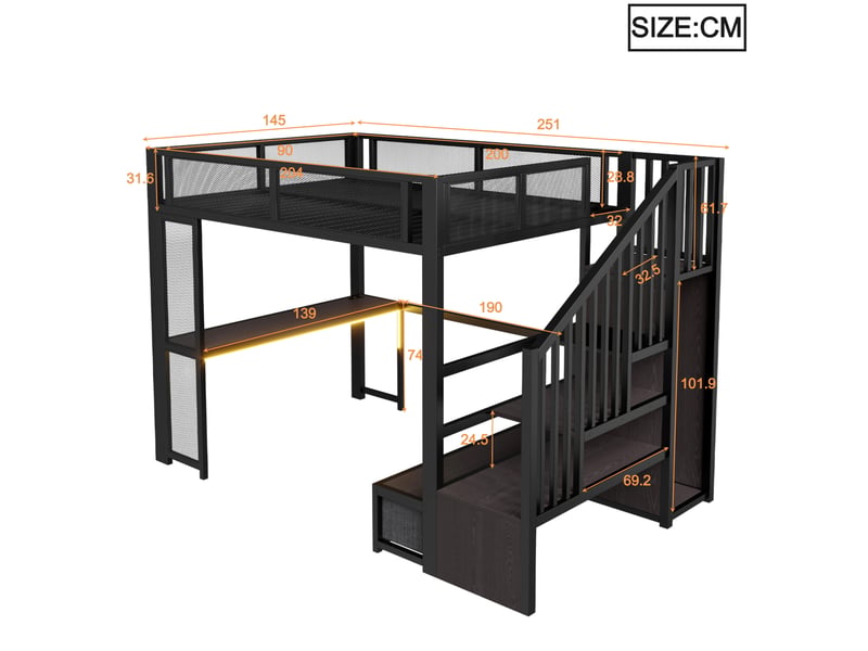 Lit mezzanine 140x200 cm avec bureau, espace de rangement, led et port usb, escalier, mdf et métal, noir sans matelas  - Conforama C