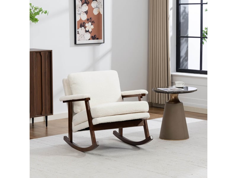  Fauteuil à bascule style mid-century en velours blanc avec structure en bois  - Conforama B