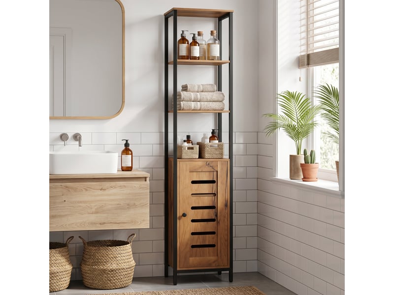  Meuble de salle de bain de style industriel avec colonnes, 3 étagères ouvertes, porte à lattes, étagères réglables, marron rustique  - Conforama D