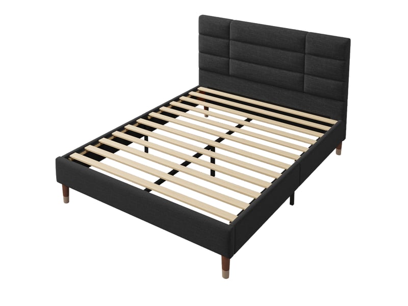  Lit adulte double 140x200 cm en tissu de lin noir avec sommier et matelas  - Conforama E